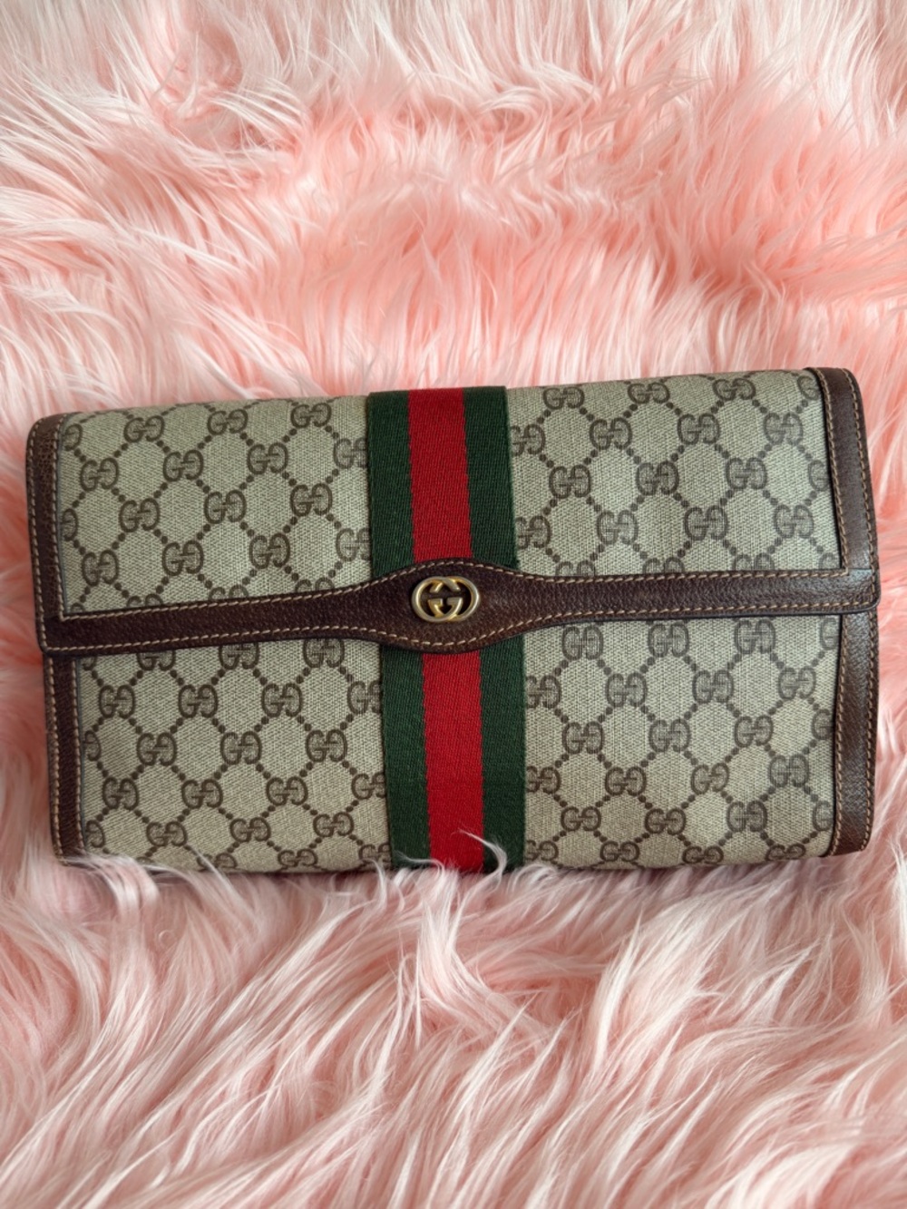 Gucci Beige Brown GG Canvas Clutch with Red-Green Web Stripe